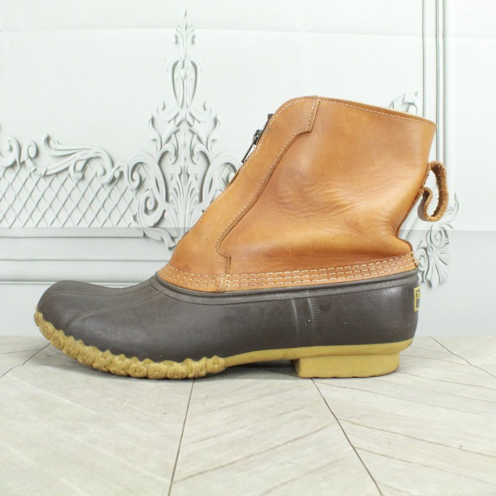 LL Bean Brown Leather Lounger Shearling Lined Front Zip Duck Boots Size 9 M - Picture 1 of 9